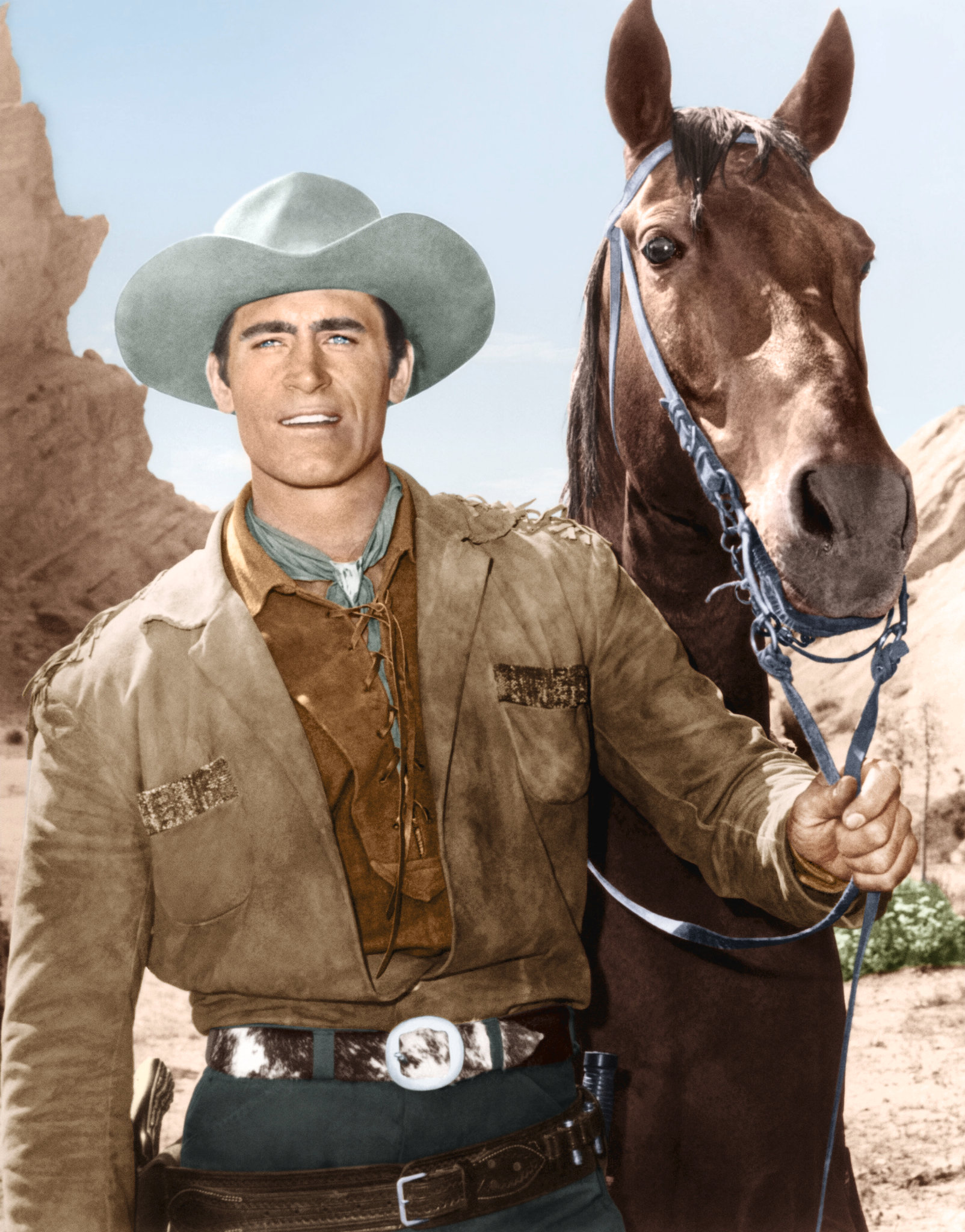 Clint Walker in fringed western jacket holding horse as Cheyenne 8x10 inch photo...